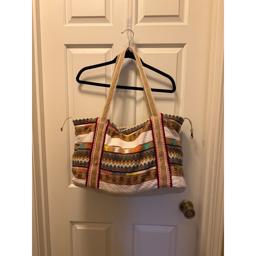 Boho Woven Geometric Striped Canvas Tote Bag with Multi-Color